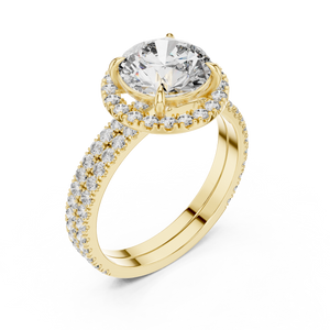 2 CT Round Halo Lab Grown Diamond Engagement Ring in yellow gold — angled view by Luzora Jewels