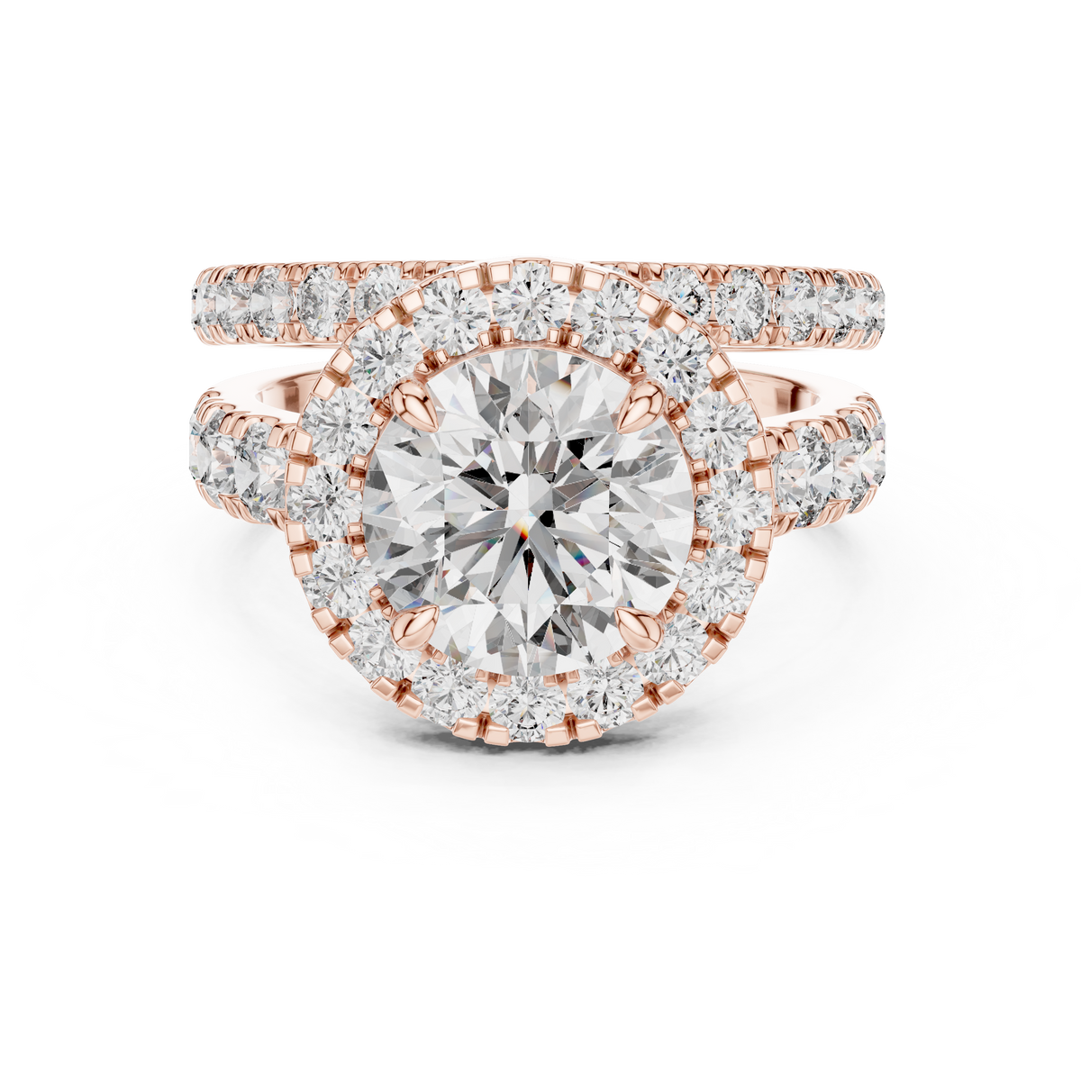 3 CT Round Halo Lab Grown Diamond Engagement Ring in rose gold — front view by Luzora Jewels