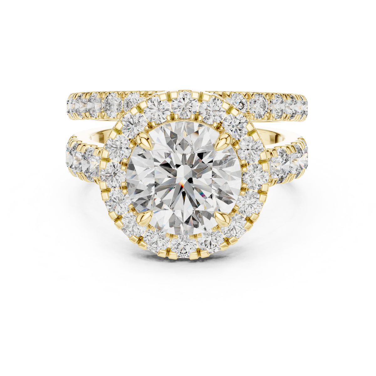 3 CT Round Halo Lab Grown Diamond Engagement Ring in yellow gold — front view by Luzora Jewels
