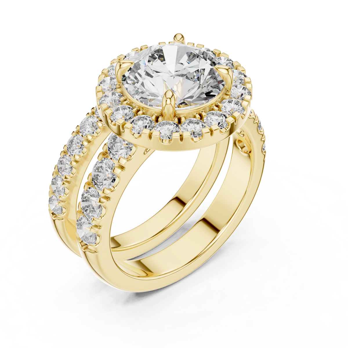 3 CT Round Halo Lab Grown Diamond Engagement Ring in yellow gold — angled view by Luzora Jewels