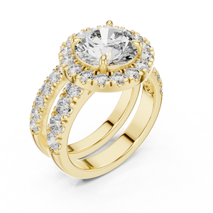 3 CT Round Halo Lab Grown Diamond Engagement Ring in yellow gold — angled view by Luzora Jewels