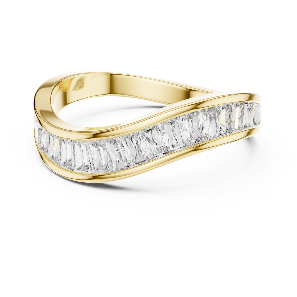0.9 CT Baguette Wave Lab Grown Diamond Wedding Band in yellow gold — front view by Luzora Jewels