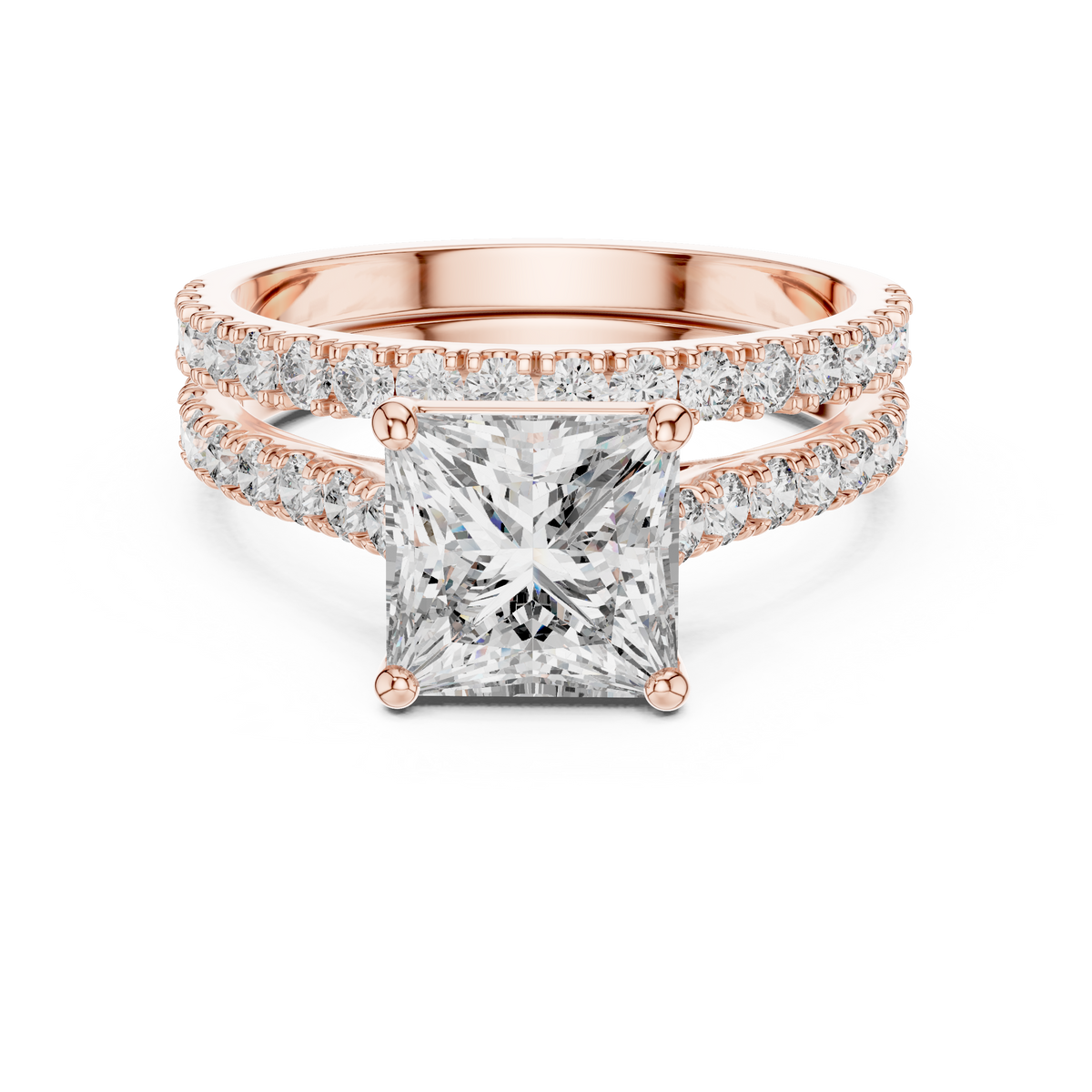 1.5 CT Princess Cut Lab Grown Diamond Split Shank Engagement Ring in rose gold — front view by Luzora Jewels