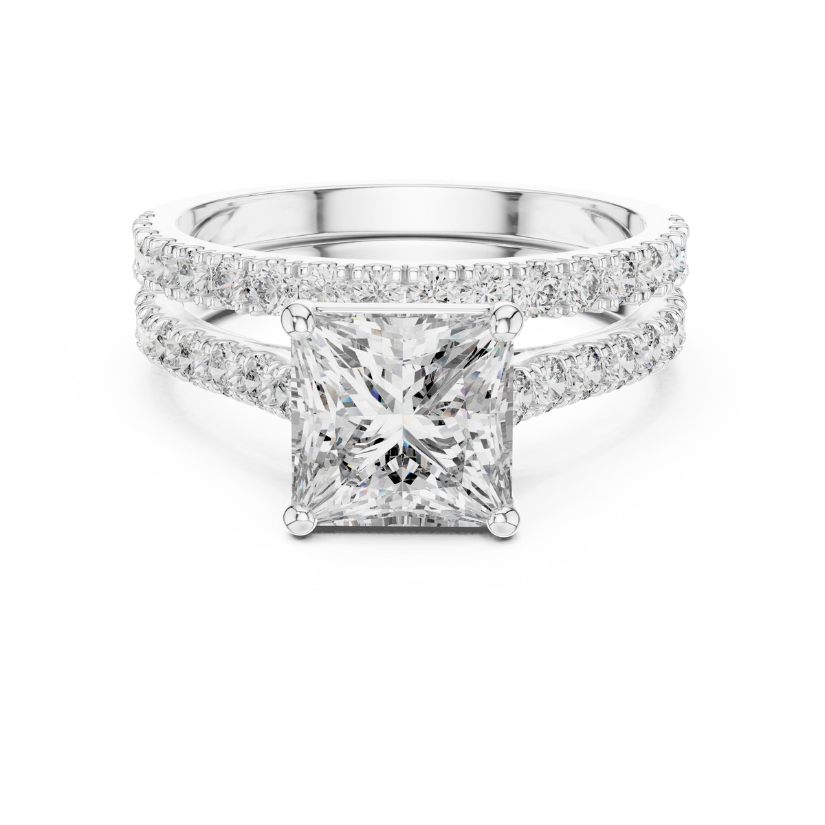 1.5 CT Princess Cut Lab Grown Diamond Split Shank Engagement Ring in white gold — front view by Luzora Jewels