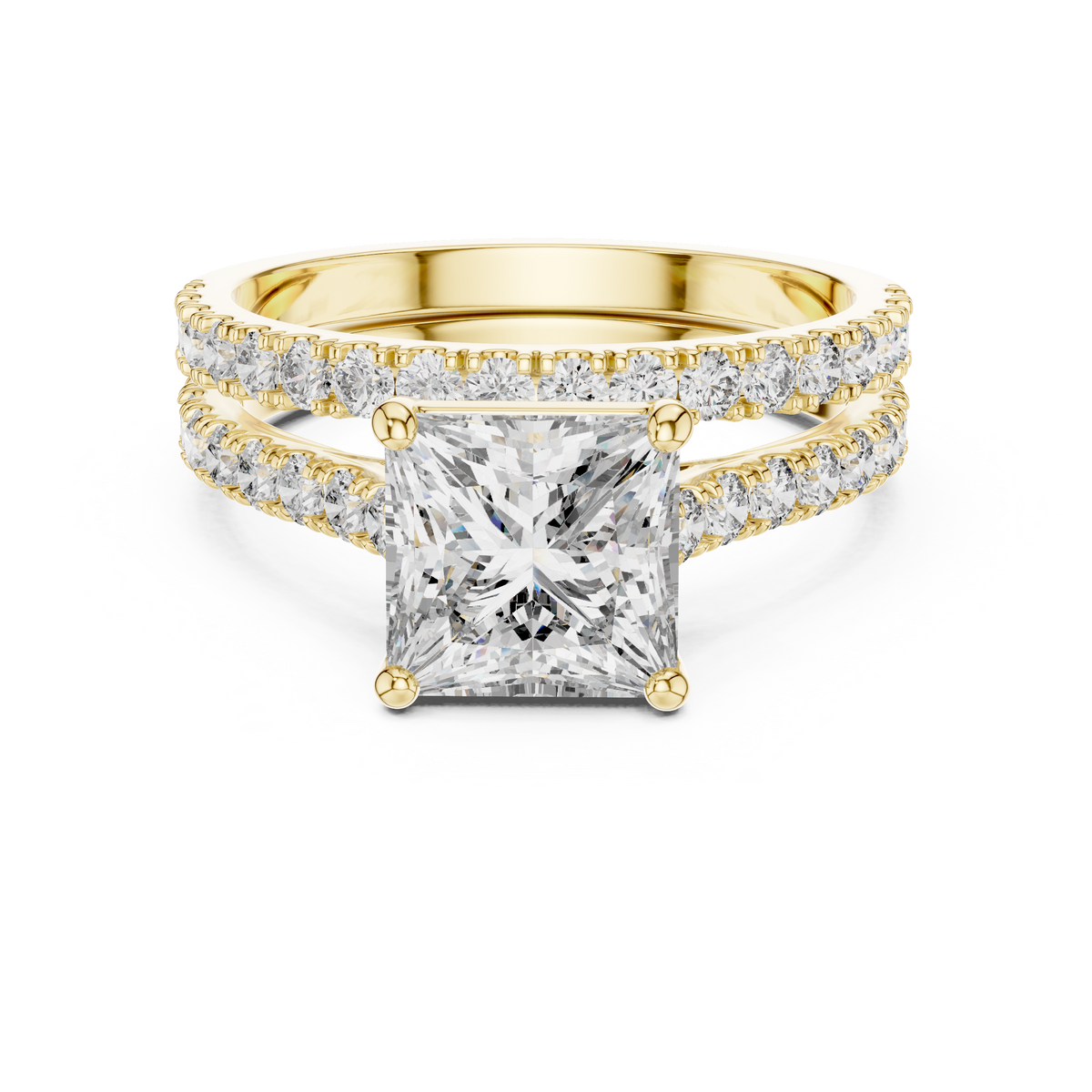 1.5 CT Princess Cut Lab Grown Diamond Split Shank Engagement Ring in yellow gold — front view by Luzora Jewels