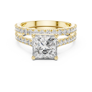 1.5 CT Princess Cut Lab Grown Diamond Split Shank Engagement Ring in yellow gold — front view by Luzora Jewels