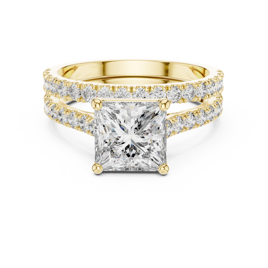 1.5 CT Princess Cut Lab Grown Diamond Split Shank Engagement Ring in yellow gold — front view by Luzora Jewels