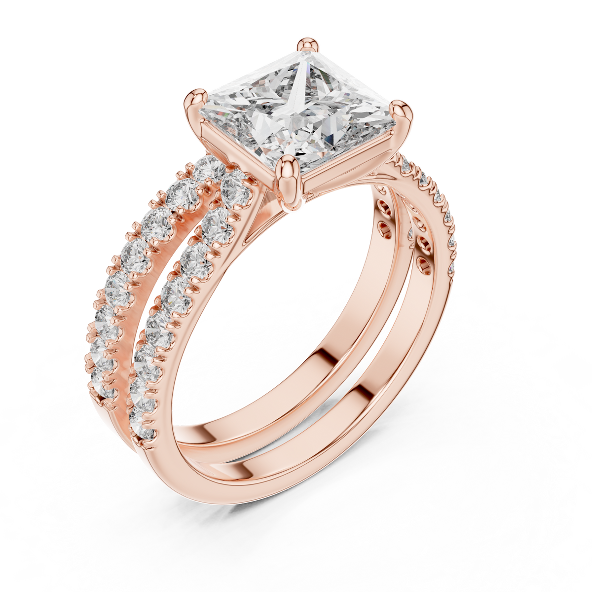 1.5 CT Princess Cut Lab Grown Diamond Split Shank Engagement Ring in rose gold — angled view by Luzora Jewels