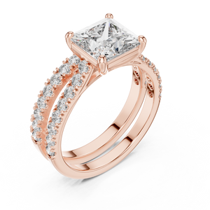 1.5 CT Princess Cut Lab Grown Diamond Split Shank Engagement Ring in rose gold — angled view by Luzora Jewels