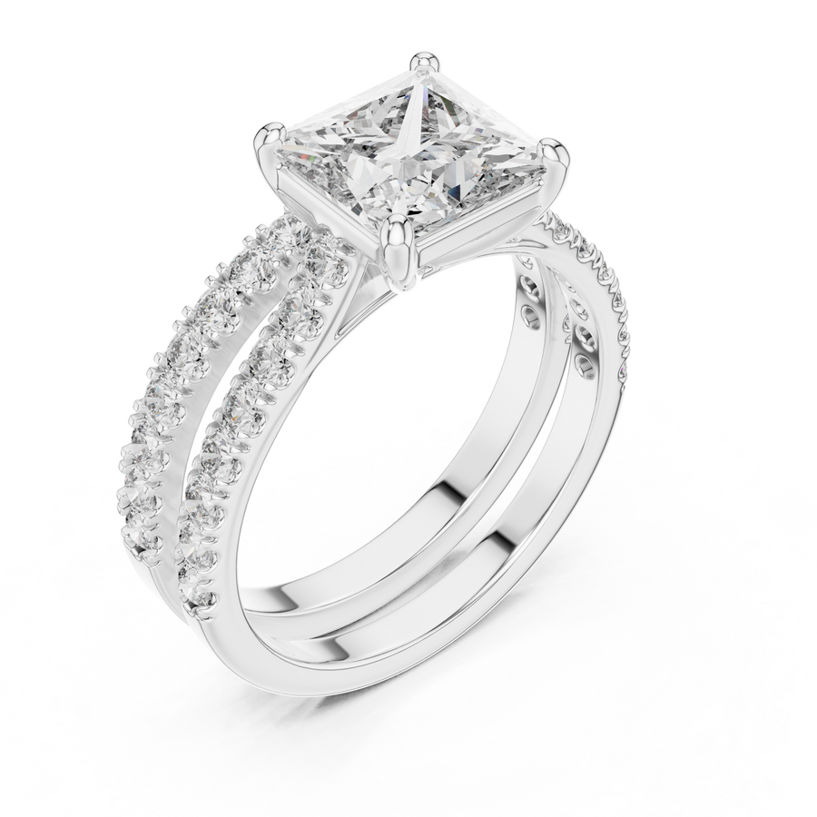 1.5 CT Princess Cut Lab Grown Diamond Split Shank Engagement Ring in white gold — angled view by Luzora Jewels