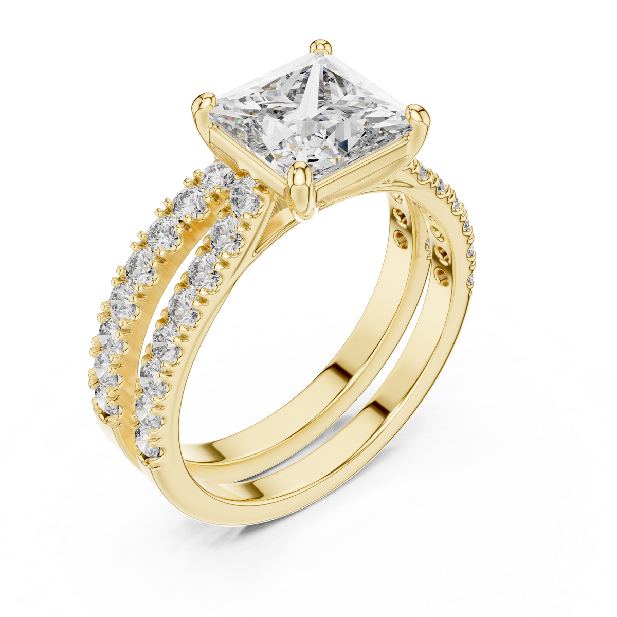 1.5 CT Princess Cut Lab Grown Diamond Split Shank Engagement Ring in yellow gold — angled view by Luzora Jewels