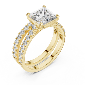 1.5 CT Princess Cut Lab Grown Diamond Split Shank Engagement Ring in yellow gold — angled view by Luzora Jewels