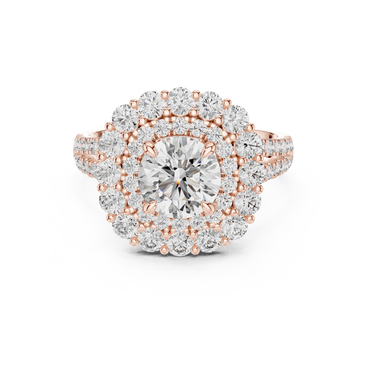 1 CT Round Double Halo Lab Grown Diamond Engagement Ring in rose gold — front view by Luzora Jewels