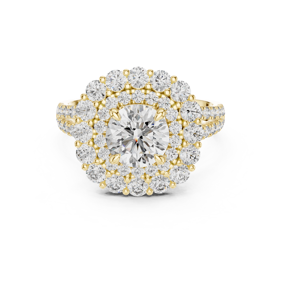 1 CT Round Double Halo Lab Grown Diamond Engagement Ring in yellow gold — front view by Luzora Jewels