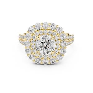 1 CT Round Double Halo Lab Grown Diamond Engagement Ring in yellow gold — front view by Luzora Jewels