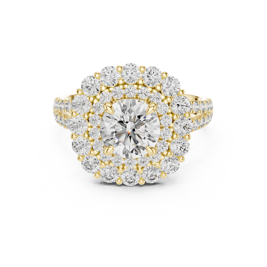 1 CT Round Double Halo Lab Grown Diamond Engagement Ring in yellow gold — front view by Luzora Jewels