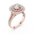 1 CT Round Double Halo Lab Grown Diamond Engagement Ring in rose gold — angled view by Luzora Jewels