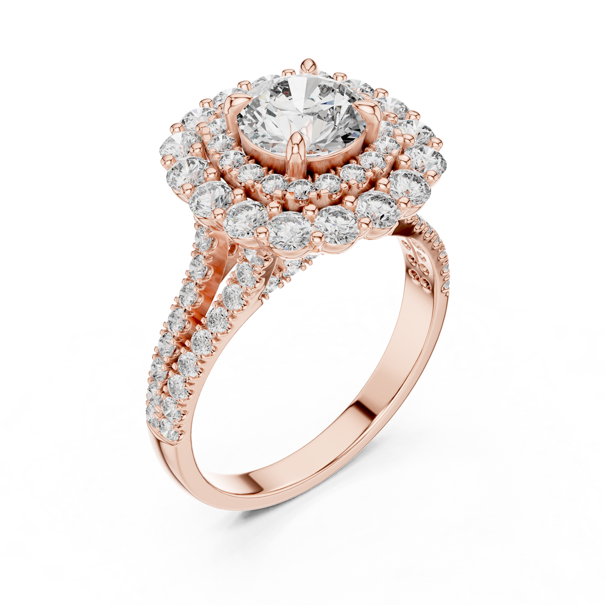 1 CT Round Double Halo Lab Grown Diamond Engagement Ring in rose gold — angled view by Luzora Jewels