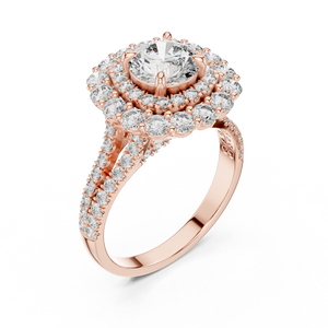 1 CT Round Double Halo Lab Grown Diamond Engagement Ring in rose gold — angled view by Luzora Jewels