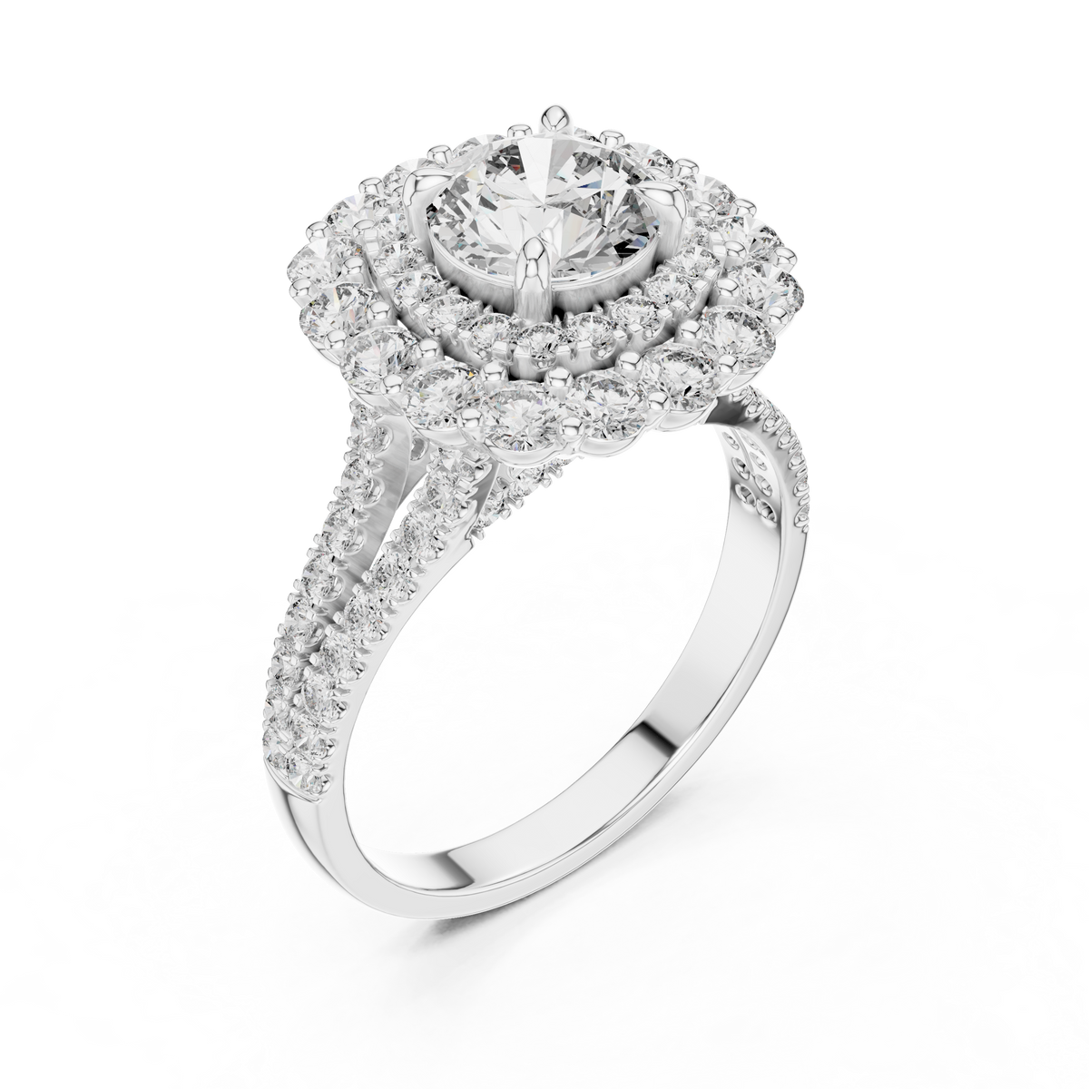 1 CT Round Double Halo Lab Grown Diamond Engagement Ring in white gold — angled view by Luzora Jewels
