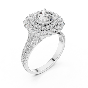 1 CT Round Double Halo Lab Grown Diamond Engagement Ring in white gold — angled view by Luzora Jewels