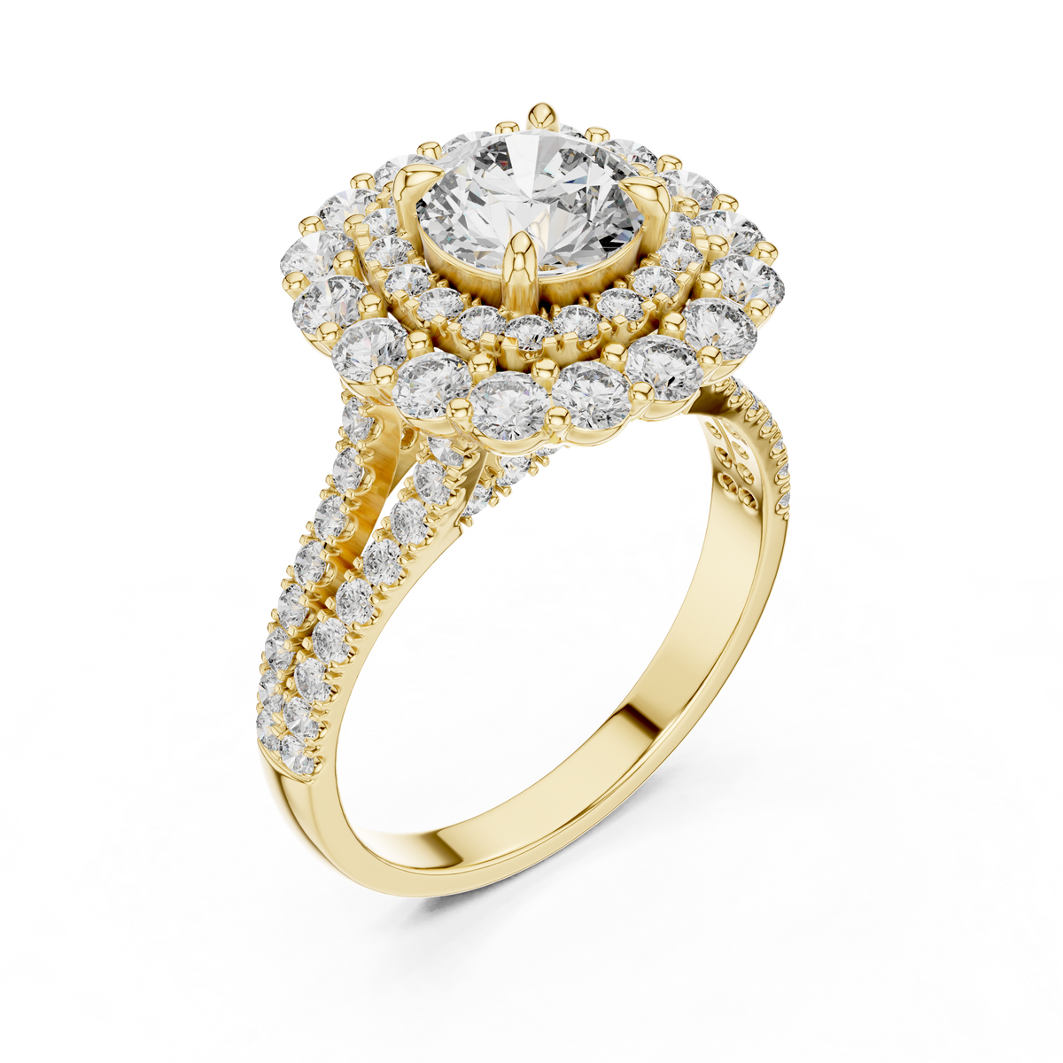 1 CT Round Double Halo Lab Grown Diamond Engagement Ring in yellow gold — angled view by Luzora Jewels