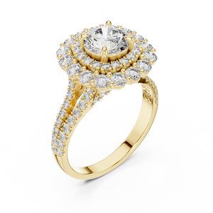 1 CT Round Double Halo Lab Grown Diamond Engagement Ring in yellow gold — angled view by Luzora Jewels