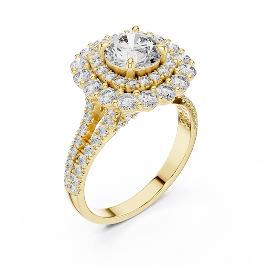 1 CT Round Double Halo Lab Grown Diamond Engagement Ring in yellow gold — angled view by Luzora Jewels