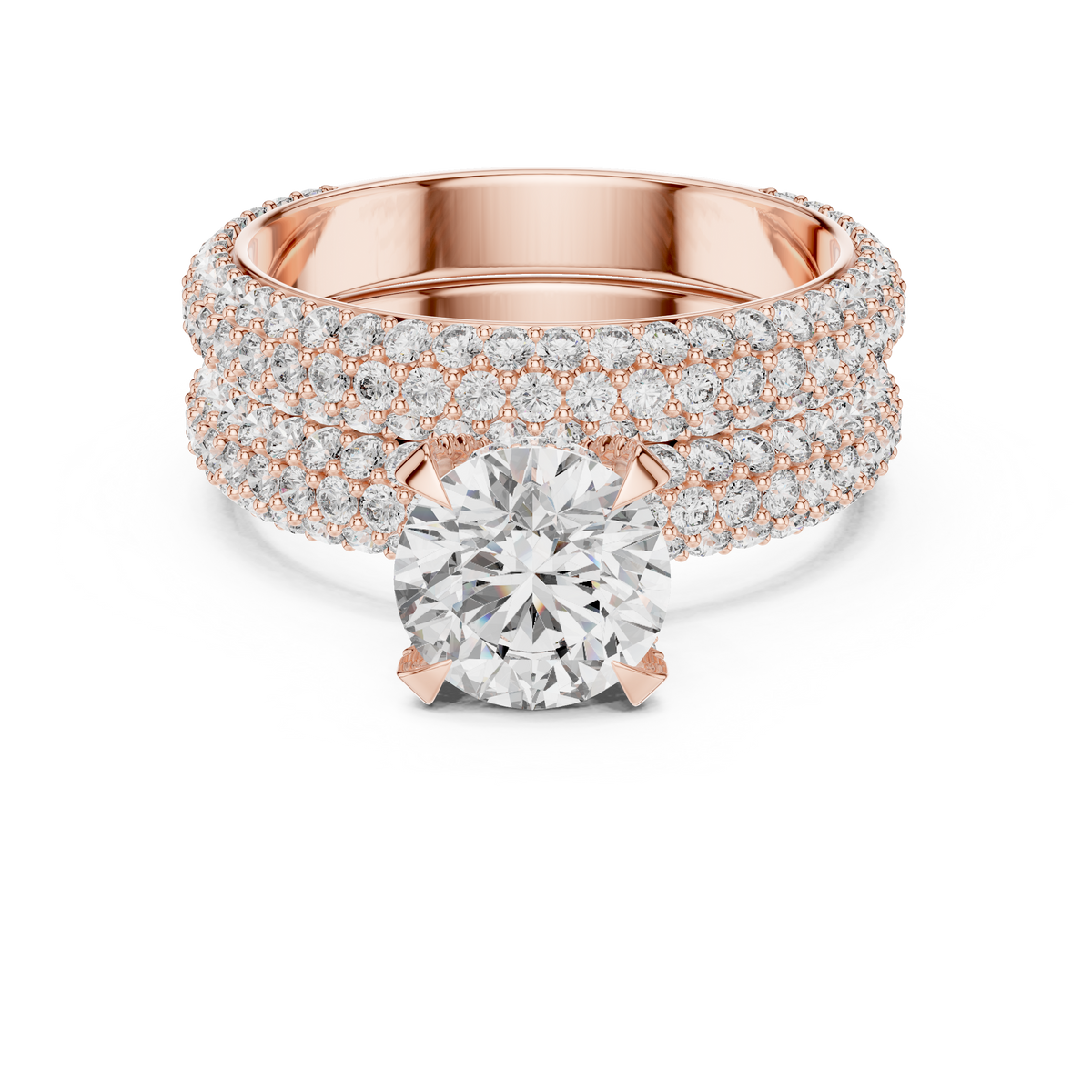 1.5 CT Round Lab Grown Diamond Wide Pave Band Engagement Ring in rose gold — front view by Luzora Jewels