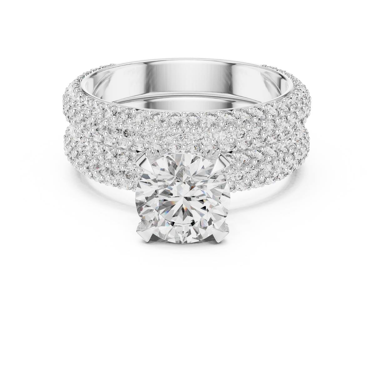 1.5 CT Round Lab Grown Diamond Wide Pave Band Engagement Ring in white gold — front view by Luzora Jewels