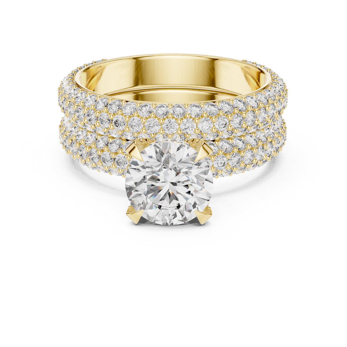 1.5 CT Round Lab Grown Diamond Wide Pave Band Engagement Ring in yellow gold — front view by Luzora Jewels