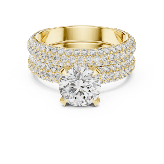 1.5 CT Round Lab Grown Diamond Wide Pave Band Engagement Ring in yellow gold — front view by Luzora Jewels