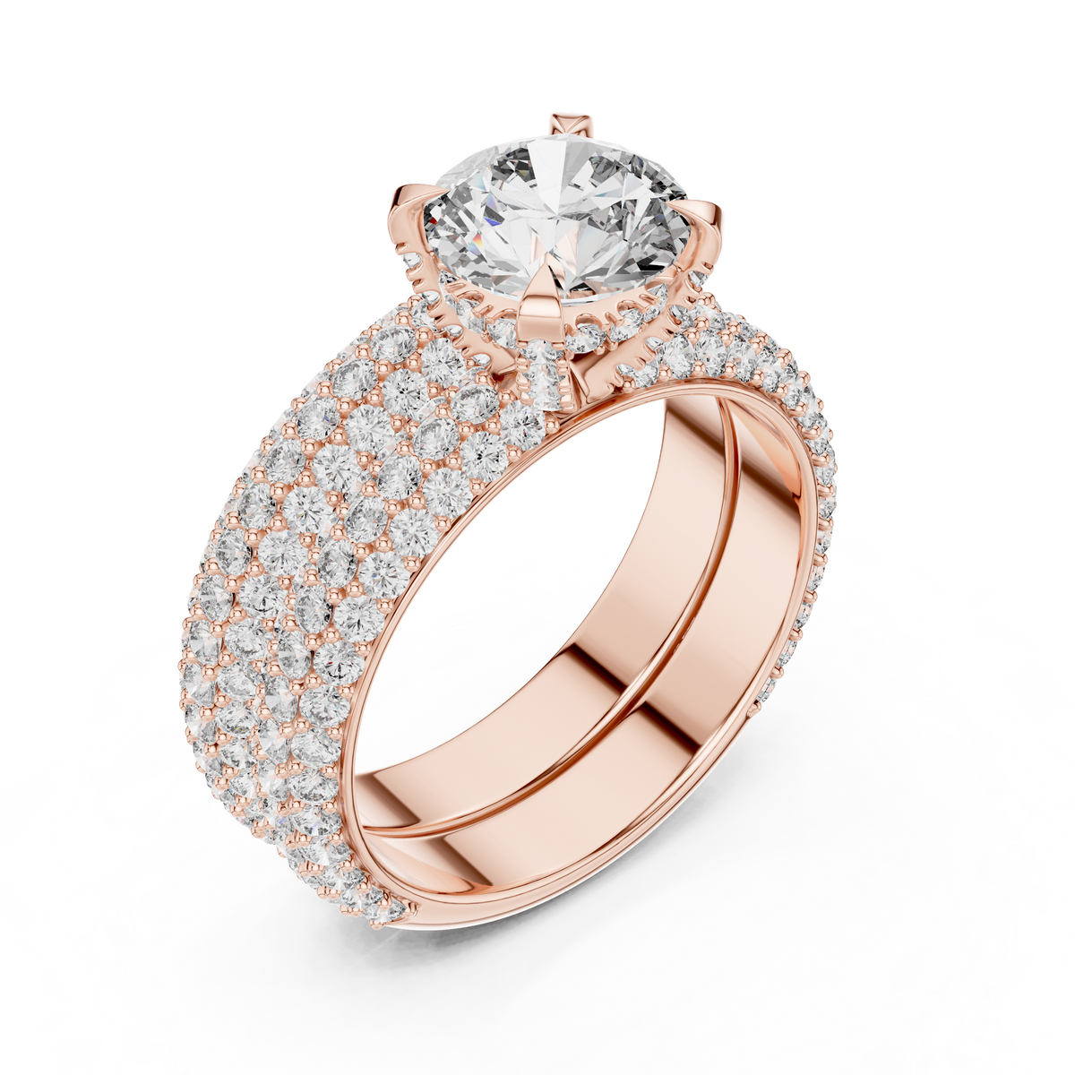 1.5 CT Round Lab Grown Diamond Wide Pave Band Engagement Ring in rose gold — angled view by Luzora Jewels