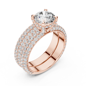 1.5 CT Round Lab Grown Diamond Wide Pave Band Engagement Ring in rose gold — angled view by Luzora Jewels
