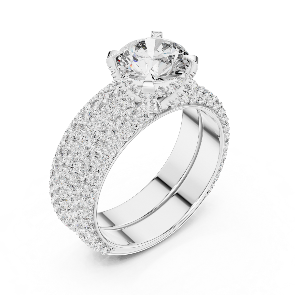 1.5 CT Round Lab Grown Diamond Wide Pave Band Engagement Ring in white gold — angled view by Luzora Jewels