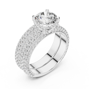 1.5 CT Round Lab Grown Diamond Wide Pave Band Engagement Ring in white gold — angled view by Luzora Jewels