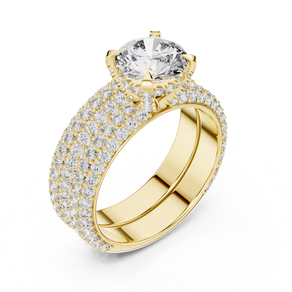 1.5 CT Round Lab Grown Diamond Wide Pave Band Engagement Ring in yellow gold — angled view by Luzora Jewels