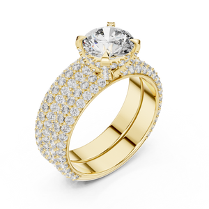 1.5 CT Round Lab Grown Diamond Wide Pave Band Engagement Ring in yellow gold — angled view by Luzora Jewels