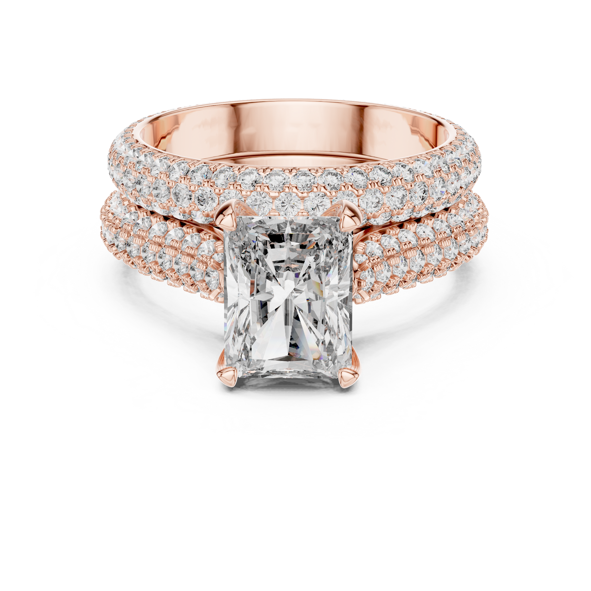 2.5 CT Radiant Cut Lab Grown Diamond Wide Pave Band Engagement Ring in rose gold — front view by Luzora Jewels