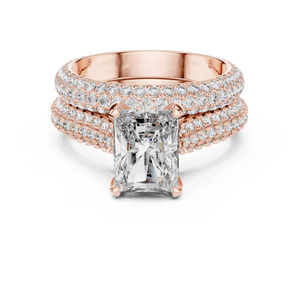 2.5 CT Radiant Cut Lab Grown Diamond Wide Pave Band Engagement Ring in rose gold — front view by Luzora Jewels