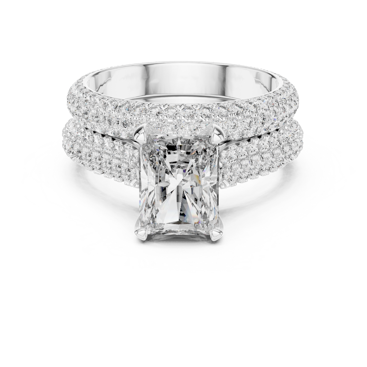 2.5 CT Radiant Cut Lab Grown Diamond Wide Pave Band Engagement Ring in white gold — front view by Luzora Jewels