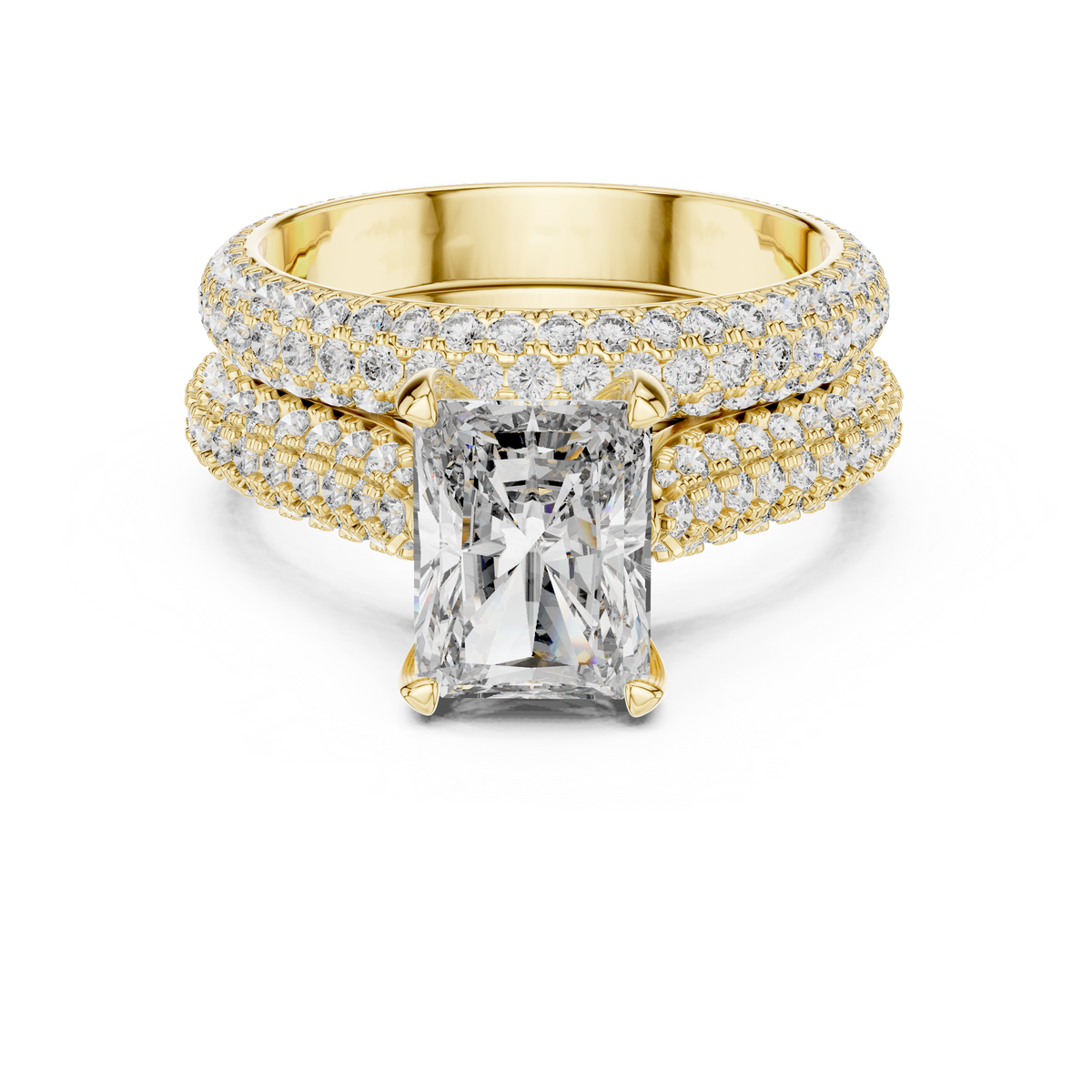 2.5 CT Radiant Cut Lab Grown Diamond Wide Pave Band Engagement Ring in yellow gold — front view by Luzora Jewels