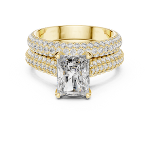 2.5 CT Radiant Cut Lab Grown Diamond Wide Pave Band Engagement Ring in yellow gold — front view by Luzora Jewels