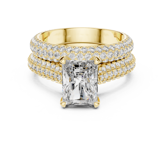 2.5 CT Radiant Cut Lab Grown Diamond Wide Pave Band Engagement Ring in yellow gold — front view by Luzora Jewels