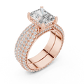 2.5 CT Radiant Cut Lab Grown Diamond Wide Pave Band Engagement Ring in rose gold — angled view by Luzora Jewels