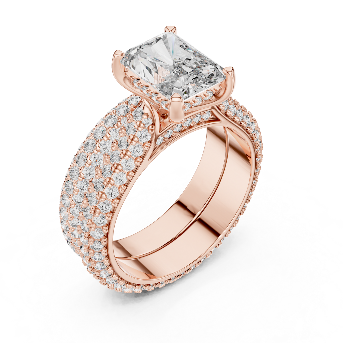 2.5 CT Radiant Cut Lab Grown Diamond Wide Pave Band Engagement Ring in rose gold — angled view by Luzora Jewels