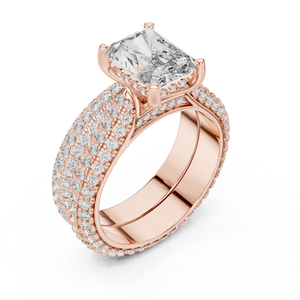 2.5 CT Radiant Cut Lab Grown Diamond Wide Pave Band Engagement Ring in rose gold — angled view by Luzora Jewels