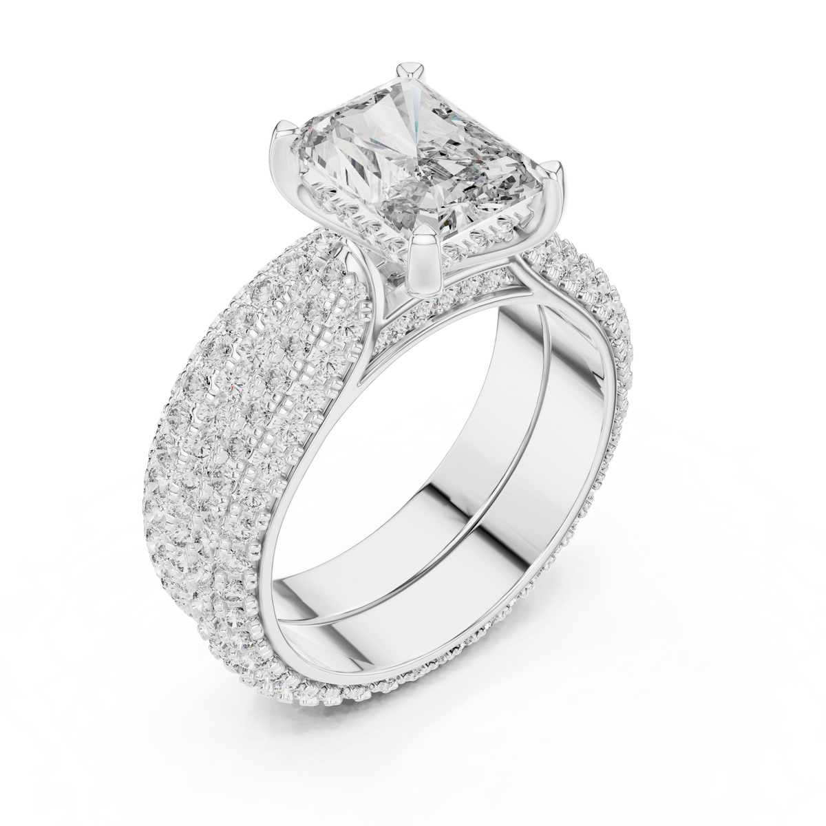 2.5 CT Radiant Cut Lab Grown Diamond Wide Pave Band Engagement Ring in white gold — angled view by Luzora Jewels