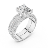 2.5 CT Radiant Cut Lab Grown Diamond Wide Pave Band Engagement Ring in white gold — angled view by Luzora Jewels