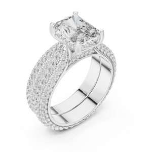 2.5 CT Radiant Cut Lab Grown Diamond Wide Pave Band Engagement Ring in white gold — angled view by Luzora Jewels
